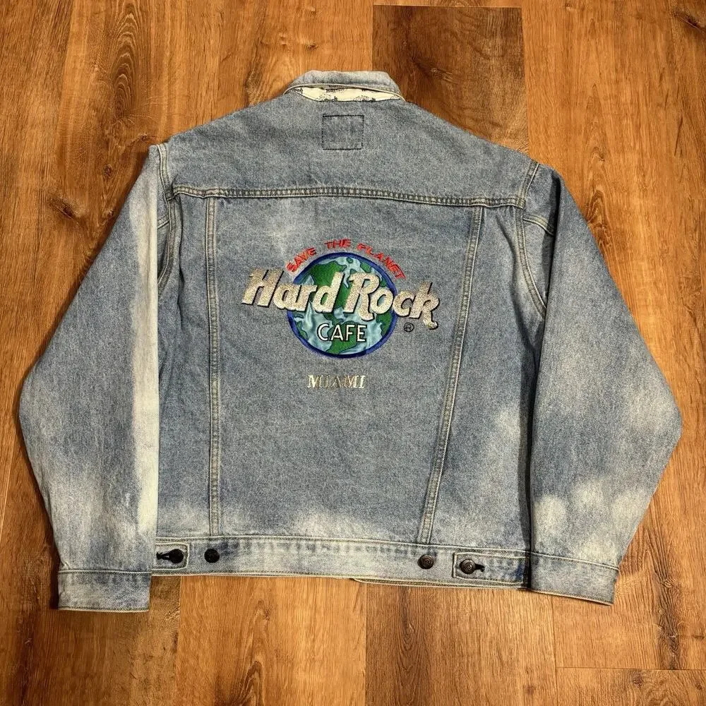 Vintage Hard Rock Cafe Miami Denim Jacket 90s Acid Light Wash Mens M Embroidered